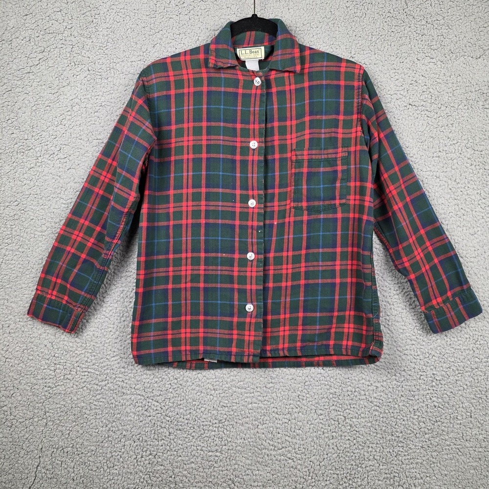 Vintage L.L. Bean Shirt Boys 12 Green Red Plaid Flannel Button Up USA 90s